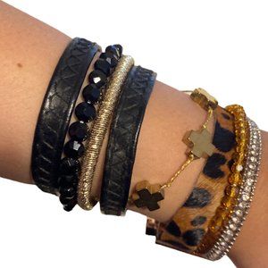 Victoria Emerson 2 Magnetic Bracelets Cross Leopard Print Gold Brown Black